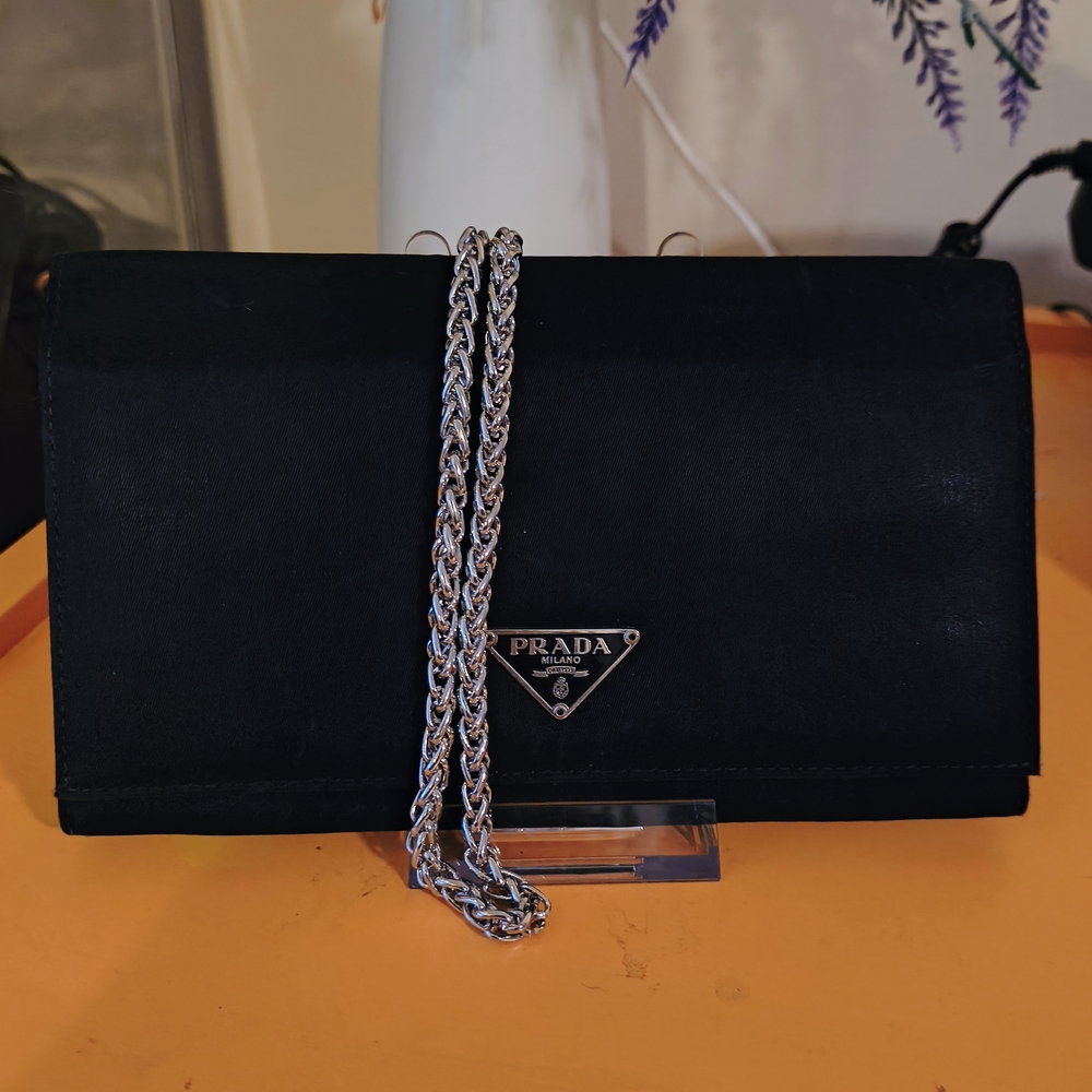 Prada Milano Tessuto Nylon Wallet / Clutch Bag with Silver Chain